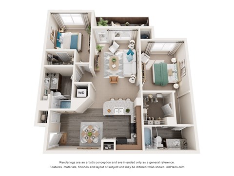 Floor plan for 2 beds, 2 baths, 1142 sqft